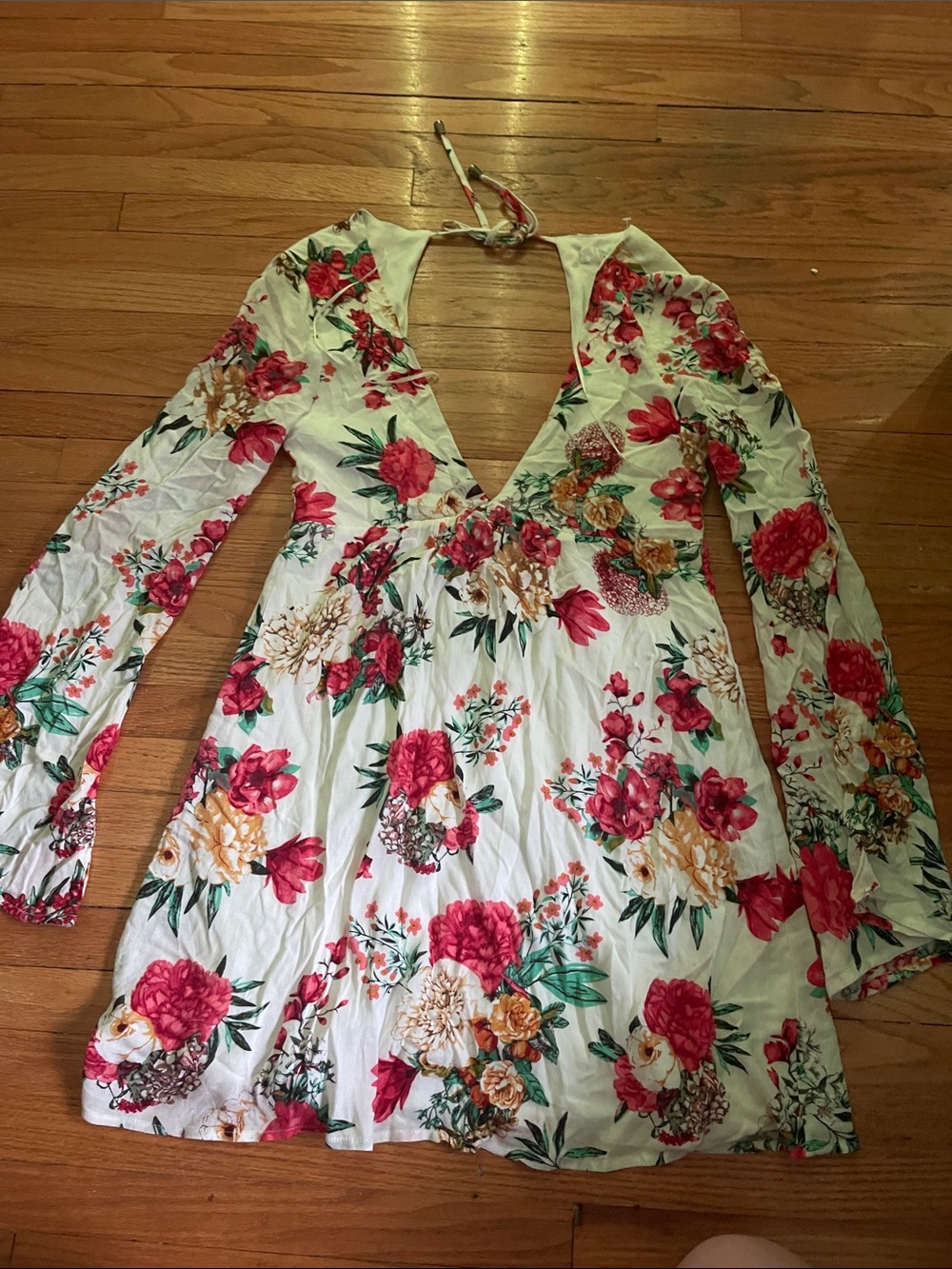Streetwear Society White Long Sleeve Floral Mini Dress with Red and Pink Blooms
